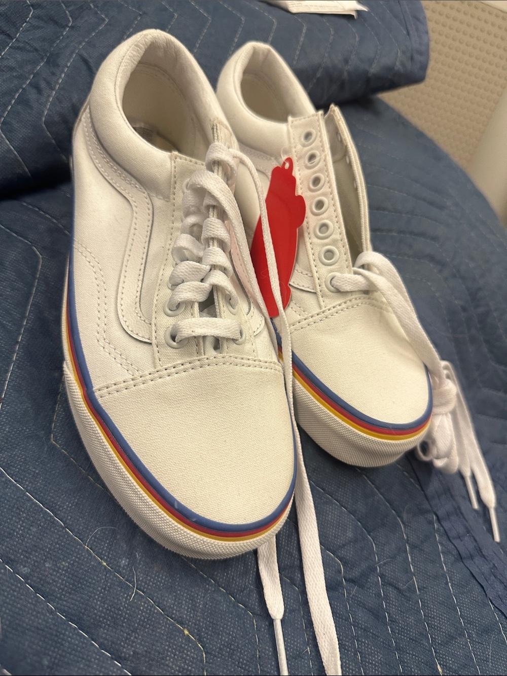 Vans White Old School Canvas Sneakers with Rainbow Stripe